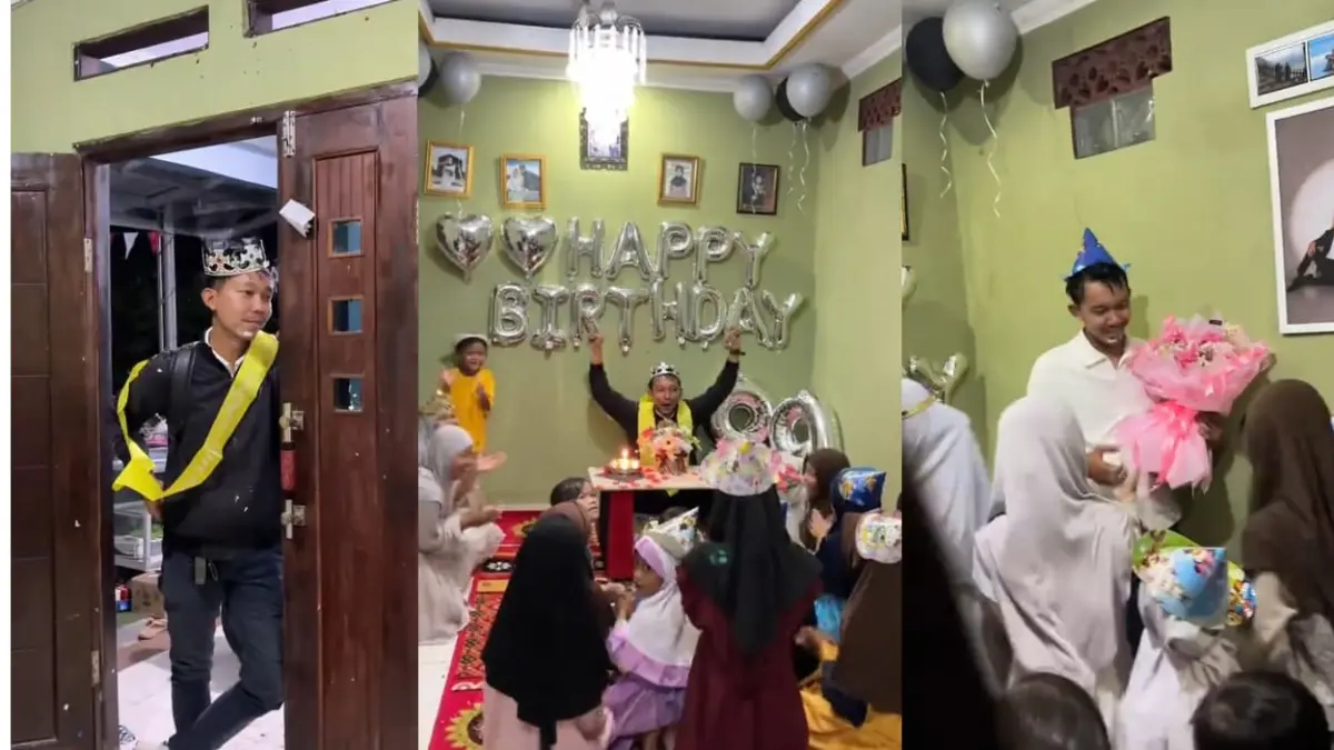 Momen manis dan kocak seorang suami yang terkejut disambut pesta ulang tahun bertema anak kecil sepulang kerja. (Foto: Tangkapan Layar TikTok @jaecoocibubur_tasya)
