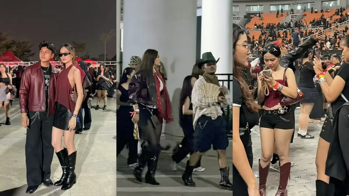 Deretan OOTD penonton dengan dominasi hitam dan merah maroon bernuansa baddie saat konser The Weeknd di JIS, Jakarta Utara, 26-27 September 2026.
