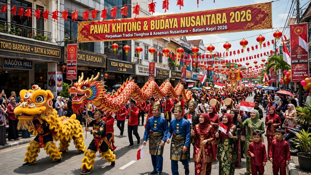 Pawai Khitong dan Budaya Nusantara Batam-Kepri 2026 menampilkan perpaduan tradisi Tionghoa dan kesenian Nusantara di kawasan Nagoya.( ilustrasi AI )
