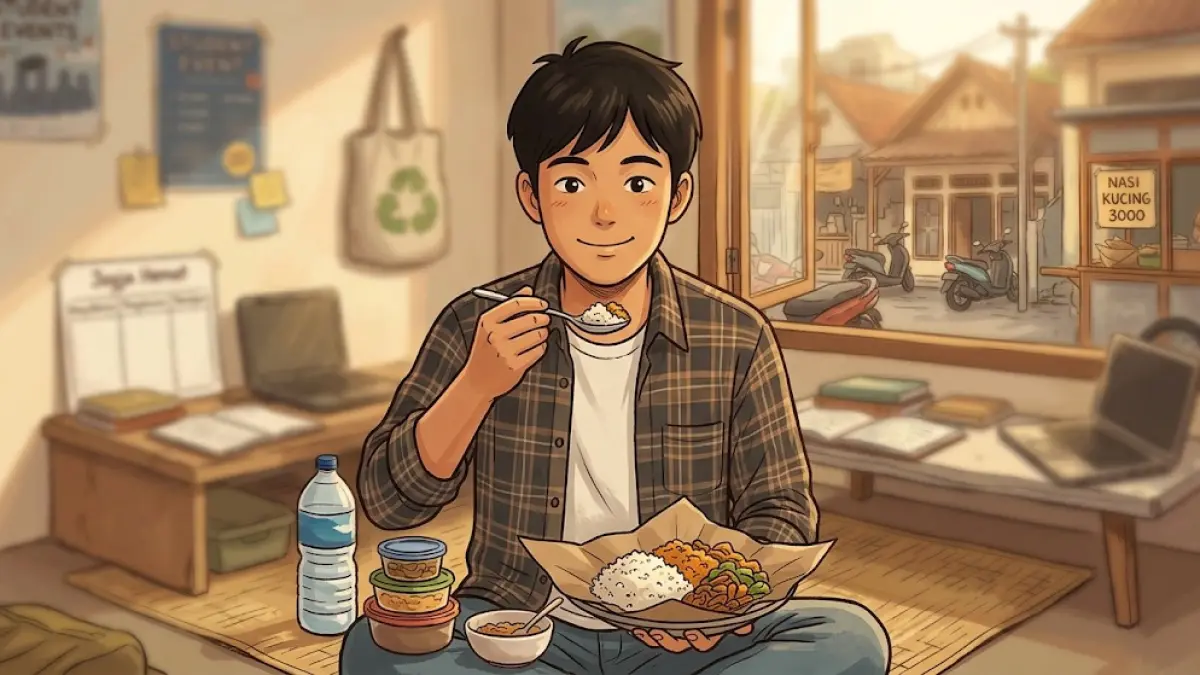 Ilustrasi mahasiswa hidup hemat di Jogja. (AI Generated)