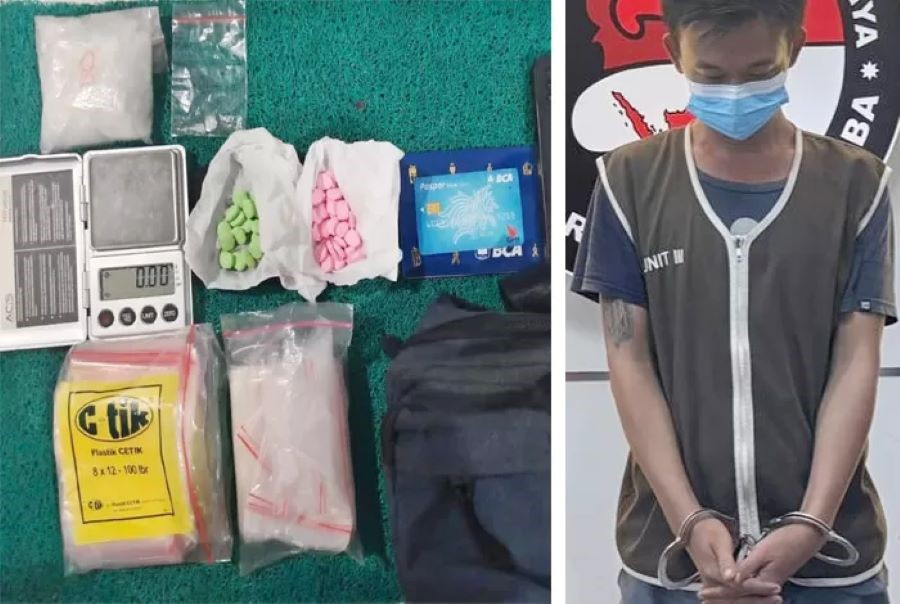 DIPENJARA: Tersangka EY diamankan dengan barang bukti sabu sabu dan pil ekstasi.