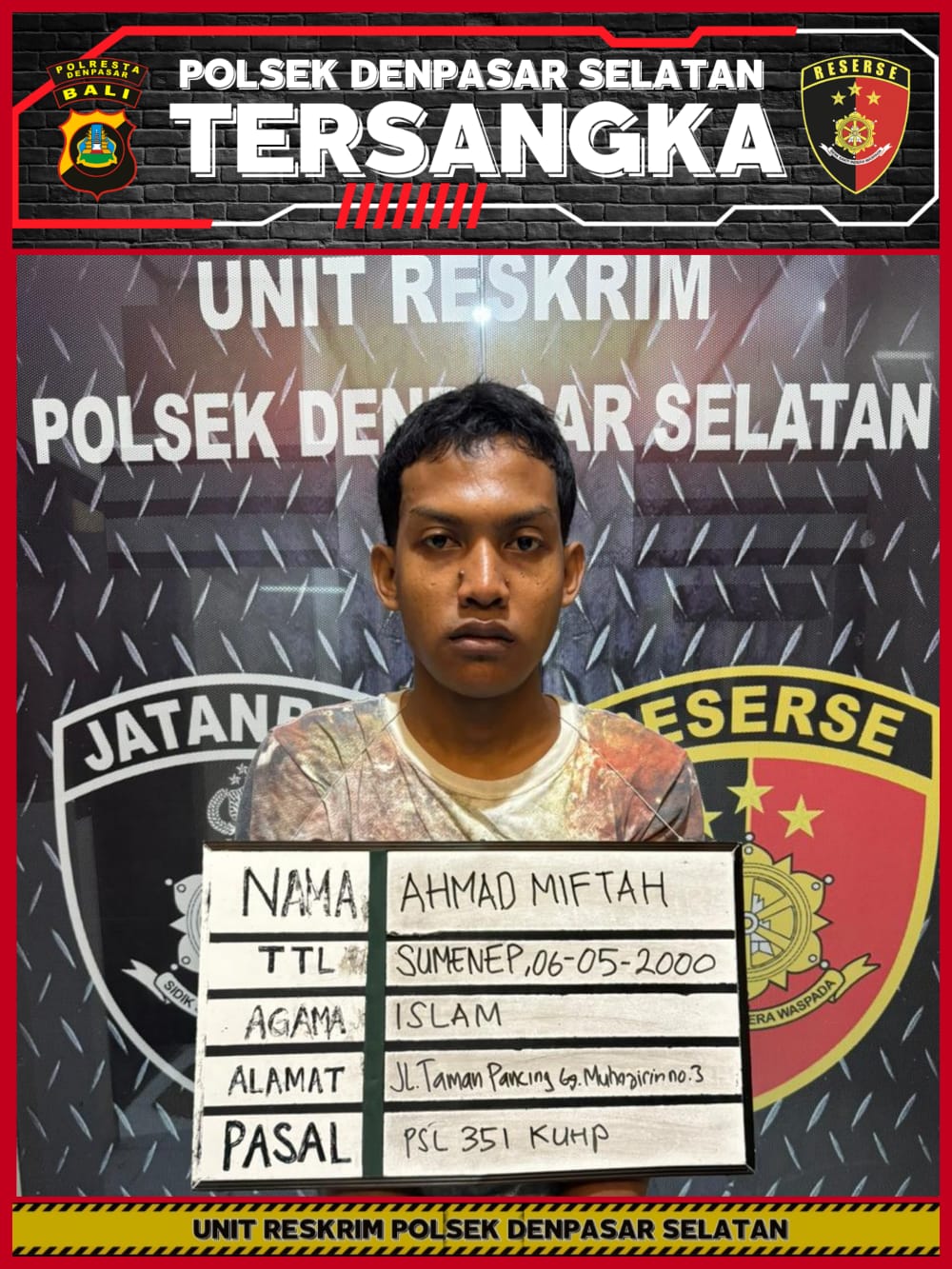 Ahmad Miftah, pelaku penusukan di Jalan Taman Pancing, Denpasar.