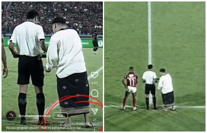 Media Officer Bali United Alexander Mahaputra masuk lapangan tanpa pakai sepatu saat laga Bali United Vs Persis Solo.,