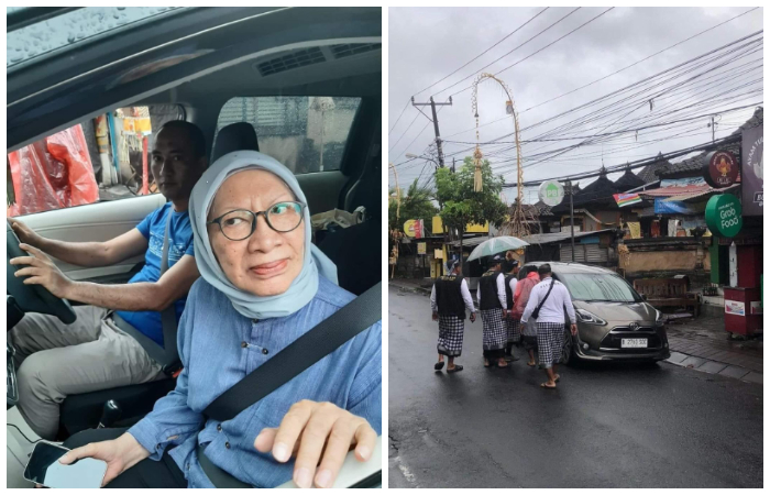 Mobil yang ditumpang Ratna Sarumpaet dihentikan pecalang karena keluyuran saat Hari Raya Nyepi di Jalan Pantai Berawa, Bali.