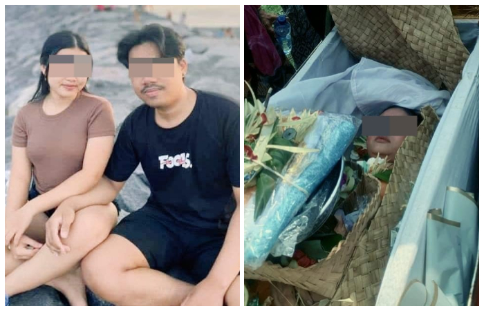 Ayu Miranda dan mantan pacarnya, Y, saat masih bersama di pinggir pantai. Foto kanan, jenazah Ayu Miranda saat akan dikremasi.
