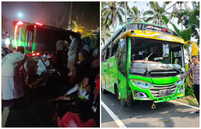 Sebuah minibus yang mengangkut rombongan tirta yatra terguling di jalur Selemadeg Barat menuju Pupuan, Kamis dini hari (21/3/2024).