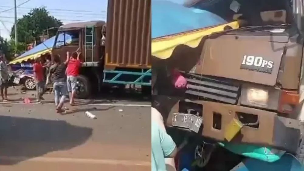 RINGSEK: Selain mengakibatkan korban luka, kecelakaan antara  truk besar tabrak odong-odong mengakibatkan bodi truk rusak.