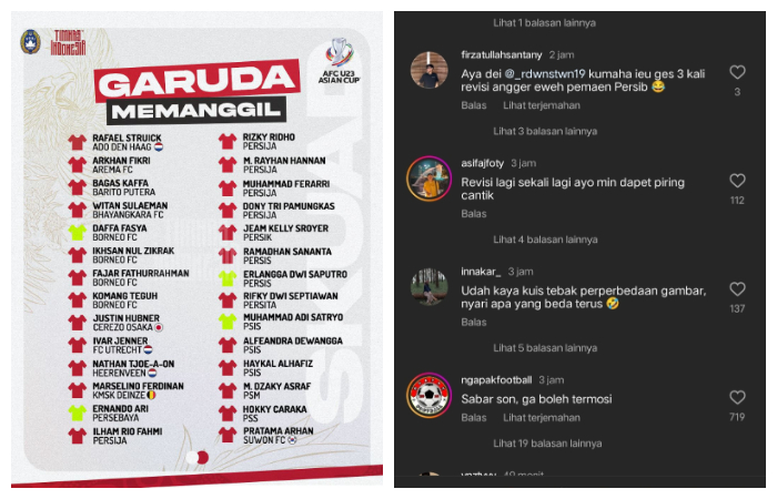 Tangkapan layar kolom komentar instagram @timnas.indonesia karena kejadian berulang kali mengunggah dan menghapus informasi nama-nama pemain timnas U23