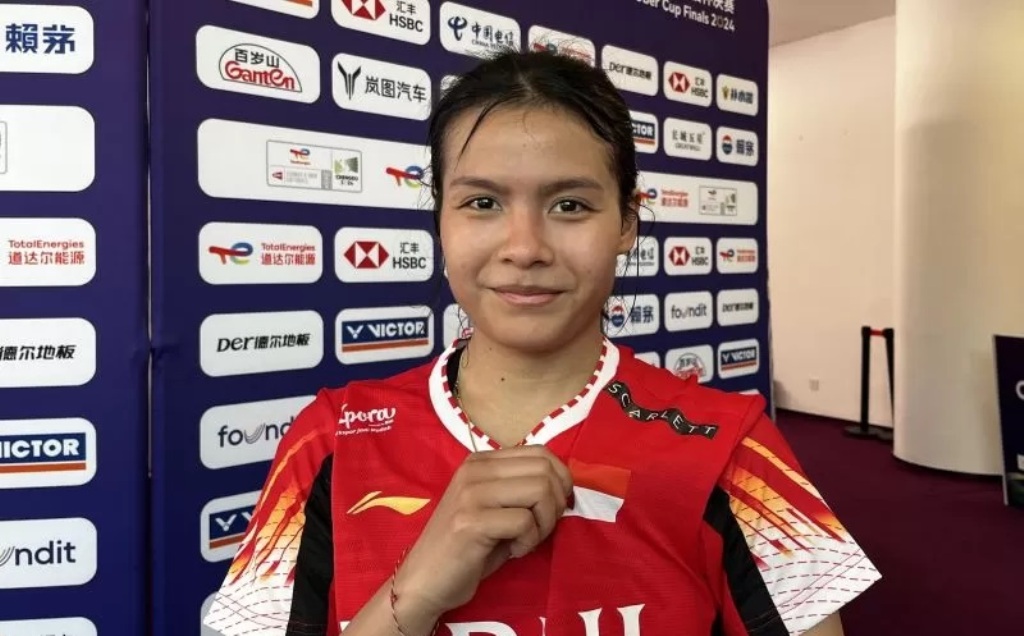 Tunggal putri Indonesia Komang Ayu Cahya Dewi saat ditemui usai pertandingan laga kualifikasi grup Piala Uber 2024 di Chengdu Hi Tech Zone Sports Center Gymnasium, Chengdu, China, Sabtu (27/4/2024).
