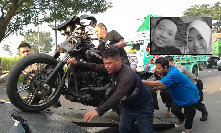 EVAKUASI: Moge yang dikendarai dokter Azis dan istrinya, rusak berat setelah kecelakaan di Jalan Raya Pantura, Desa Banjarsari, Sumberasih, Kabupaten Probolinggo, Minggu 928/4). Inset, almarhum dokter