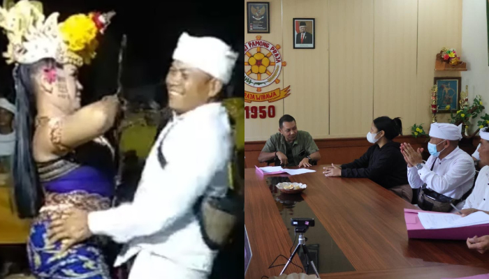 Foto kiri, pemangku JD saat ngibing joged bumbung tak senonoh. Foto kanan saat dipanggil Satpol PP Bali.
