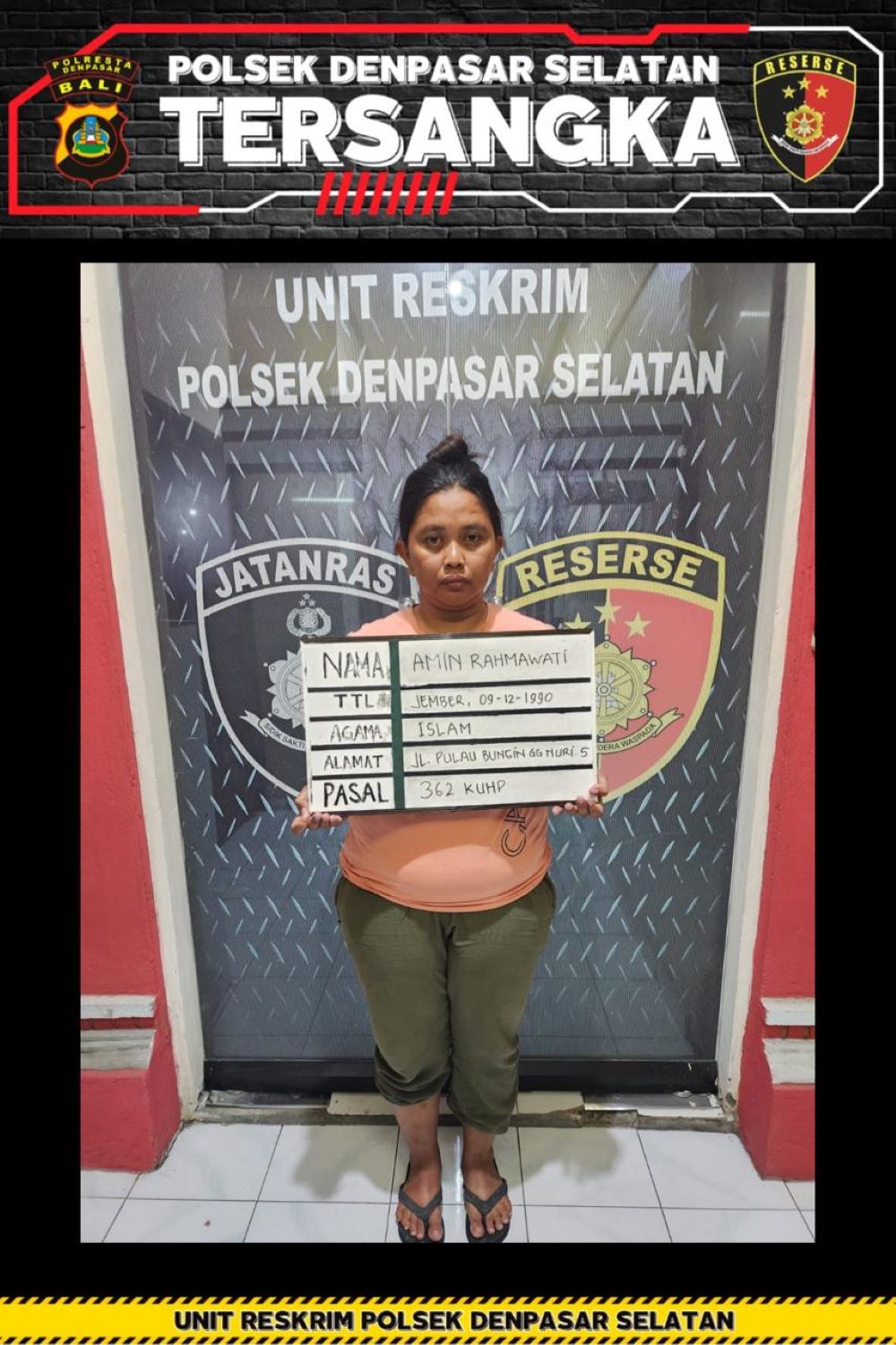 Amin Rahmawati ,33, asal Jember Jawa Timur diamanakn Polsek Denpasar Selatan karena mencuri harta manjikannya.