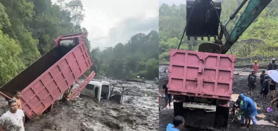 BANJIR: Banjir bandang terjadi di wilayah Desa Jungutan, Bebandem, Karangasem hingga menyebabkan satu unit truk pasir hanyut.