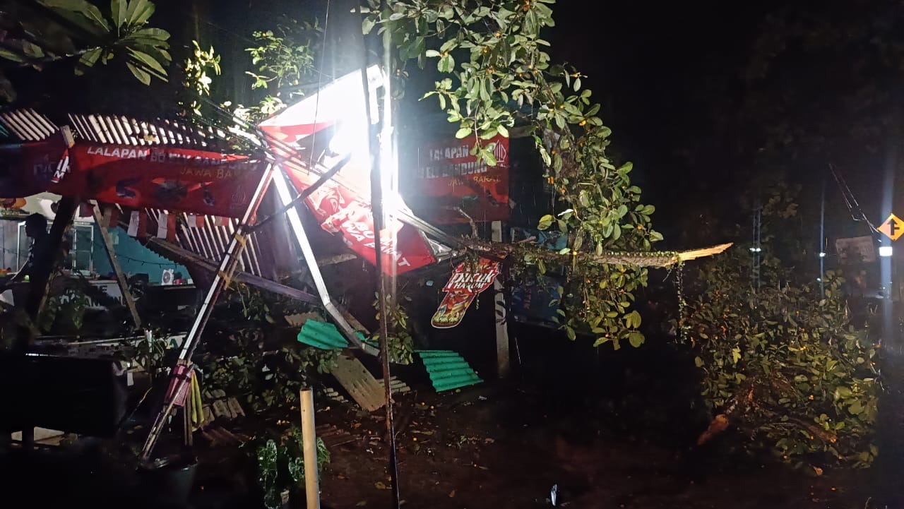 TIMPA Warung : Pohon Bunut di Banjar Bunut Puun Desa bantas Kecamatan Selemadeg Timur yang tumbang menimpa warung warga, Jumat (10/1/2025) dini hari.