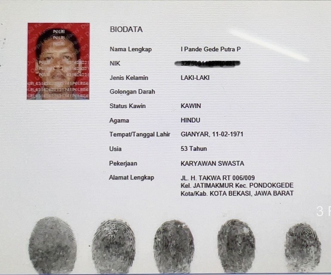 Data rekaman sidik jari korban meninggal tanpa identitas di hutan lindung Desa Pancasari Buleleng