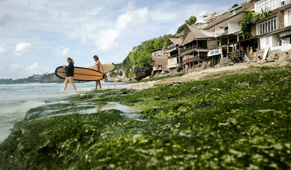 Bangunan restoran, vila menempel di tebing Pantai Bingin Desa Pecatu Badung.