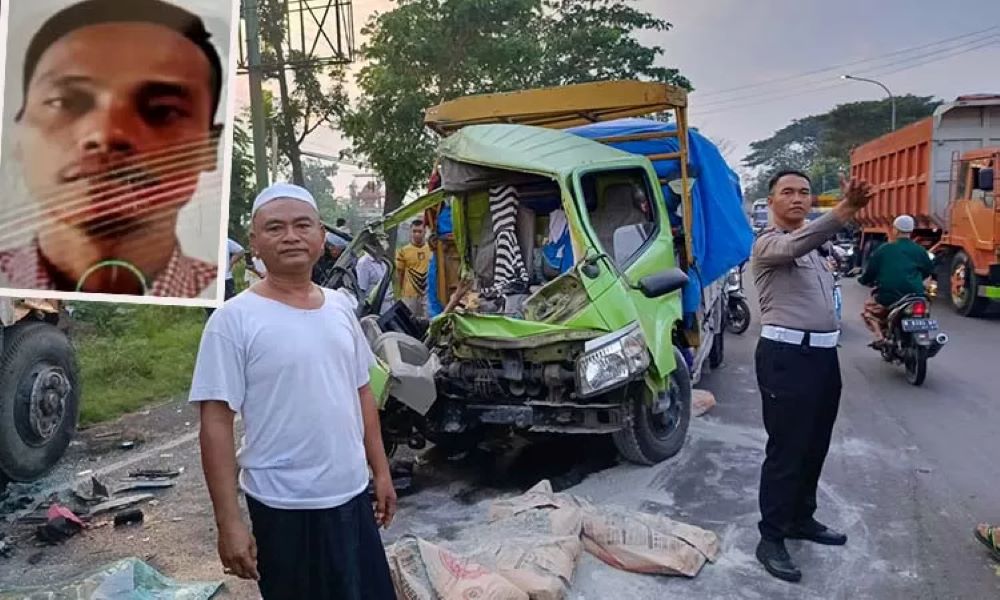 Kecelakaan truk  lawan truk di jalur pantura Pasuruan mengakibatkan seorang sopir meninggal di tempat dan foto korban semasa hidup (insert).