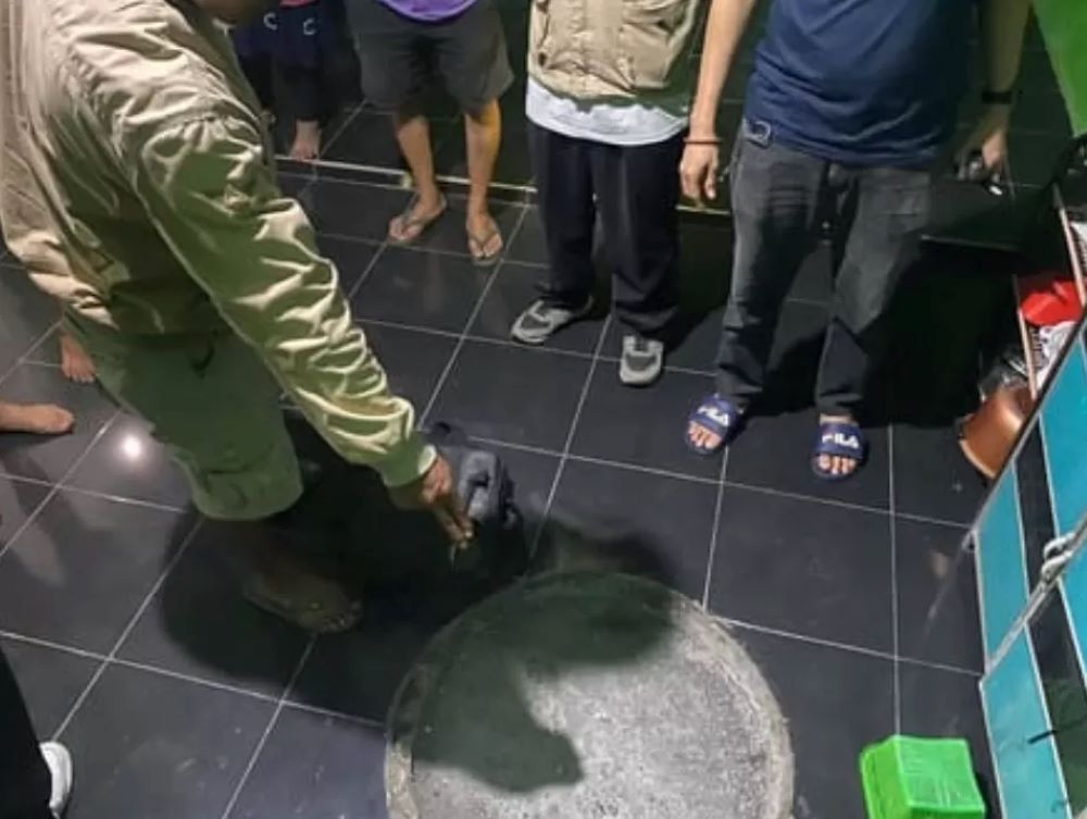 Polisi dibantu warga menggali jenazah wanita yang dicor dalam septic tank di Lombok Barat.
