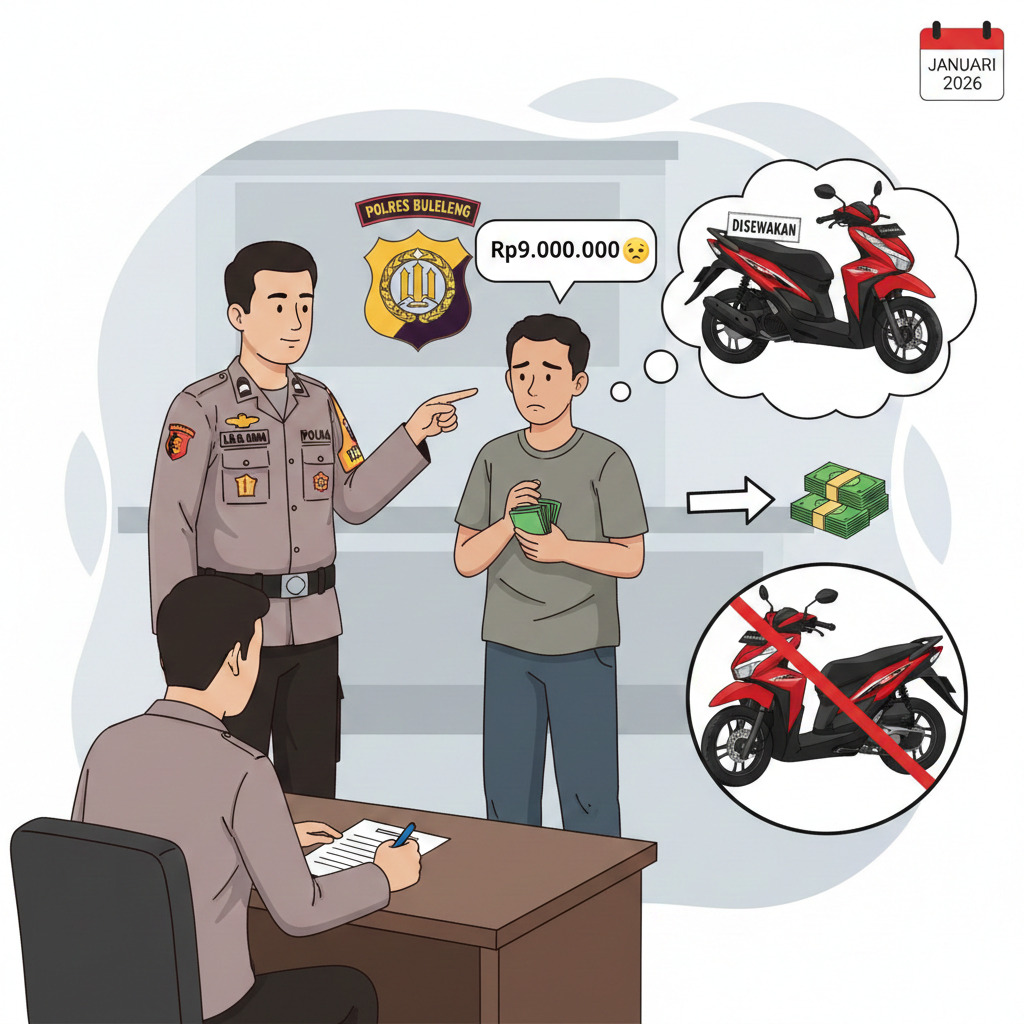 Ilustrasi korban saat melaporkan sepeda motornya yang dijual oleh penyewa, ke Polres Buleleng.