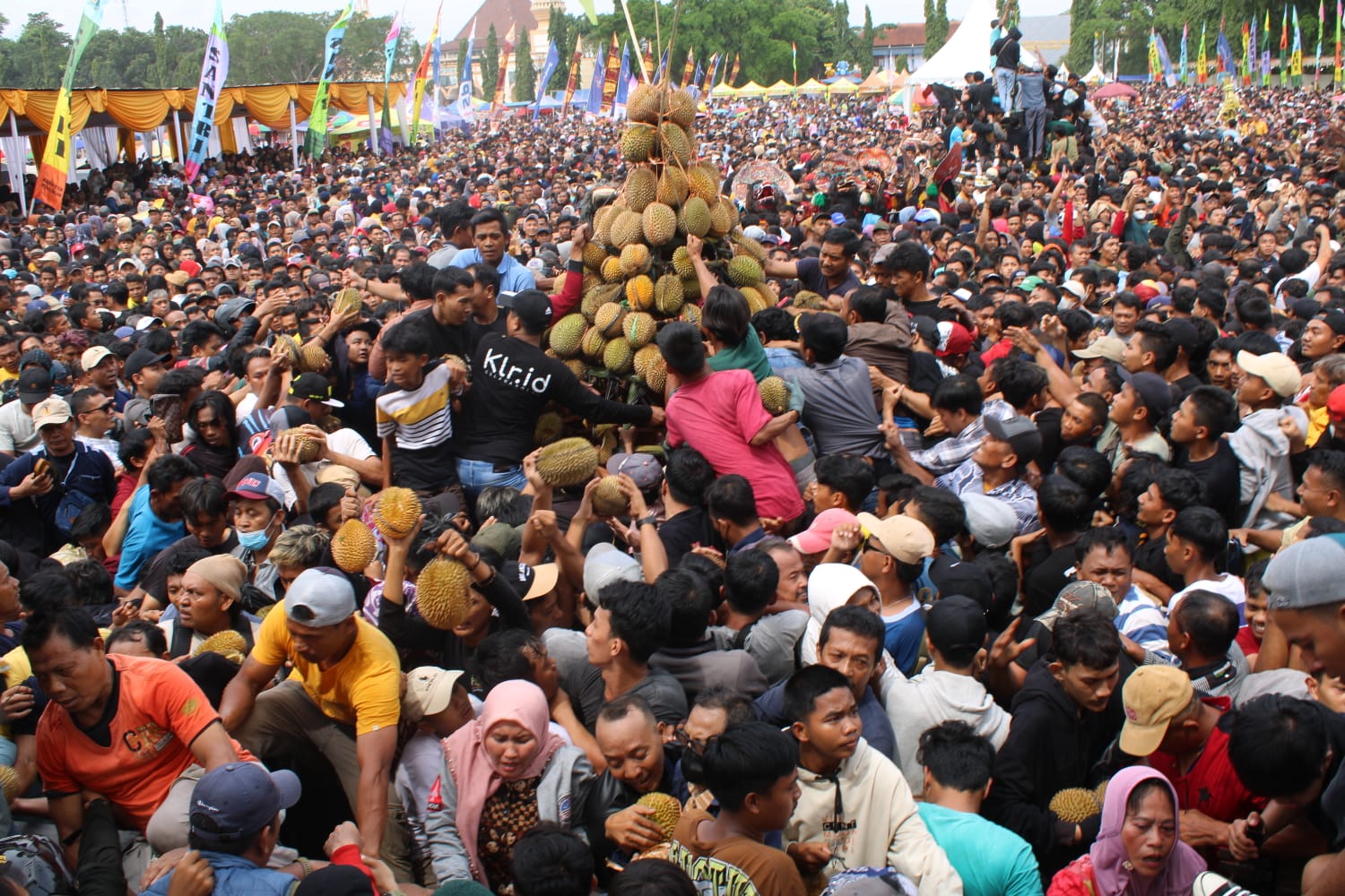 BERDESAKAN: Detik-detik saat para pengunjung membobol pagar pembatas dan berebut durian dari gunungan, acara Festival Durian 2024, Alun-Alun Kajen, Kabupaten Pekalongan, Minggu (14/1/2024).