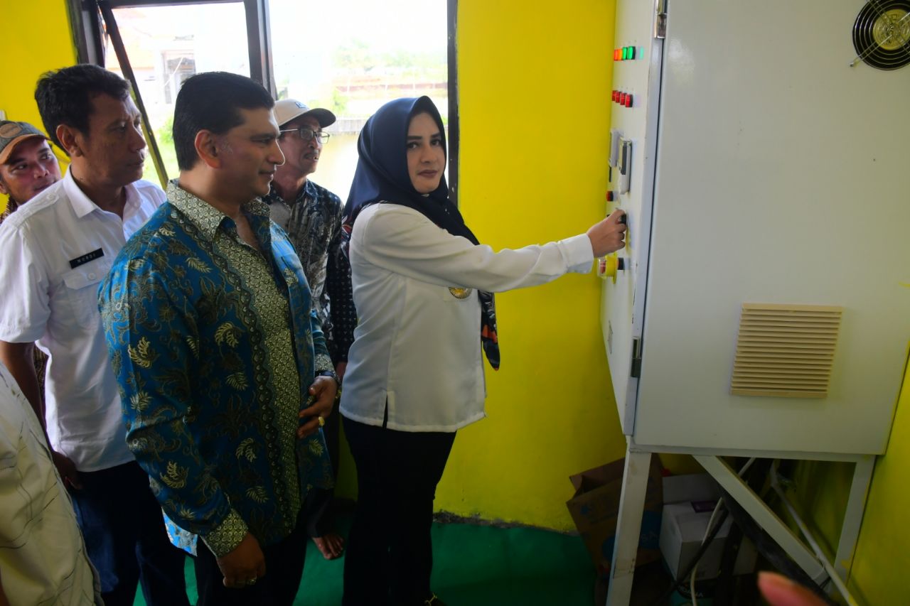 SIMBOLIS: Bupati Pekalongan Fadia Arafiq saat memencet tombol pompa air sebagai tanda simbolis diresmikannya Rumah Pompa Tegaldowo, Jumat (2/2/2024).