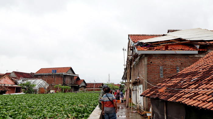 AMBRUK: Kondisi rumah warga di Kelurahan Tirto Kota Pekalongan yang ambruk akibat angin puting beliung, pada Rabu (13/3/2024).