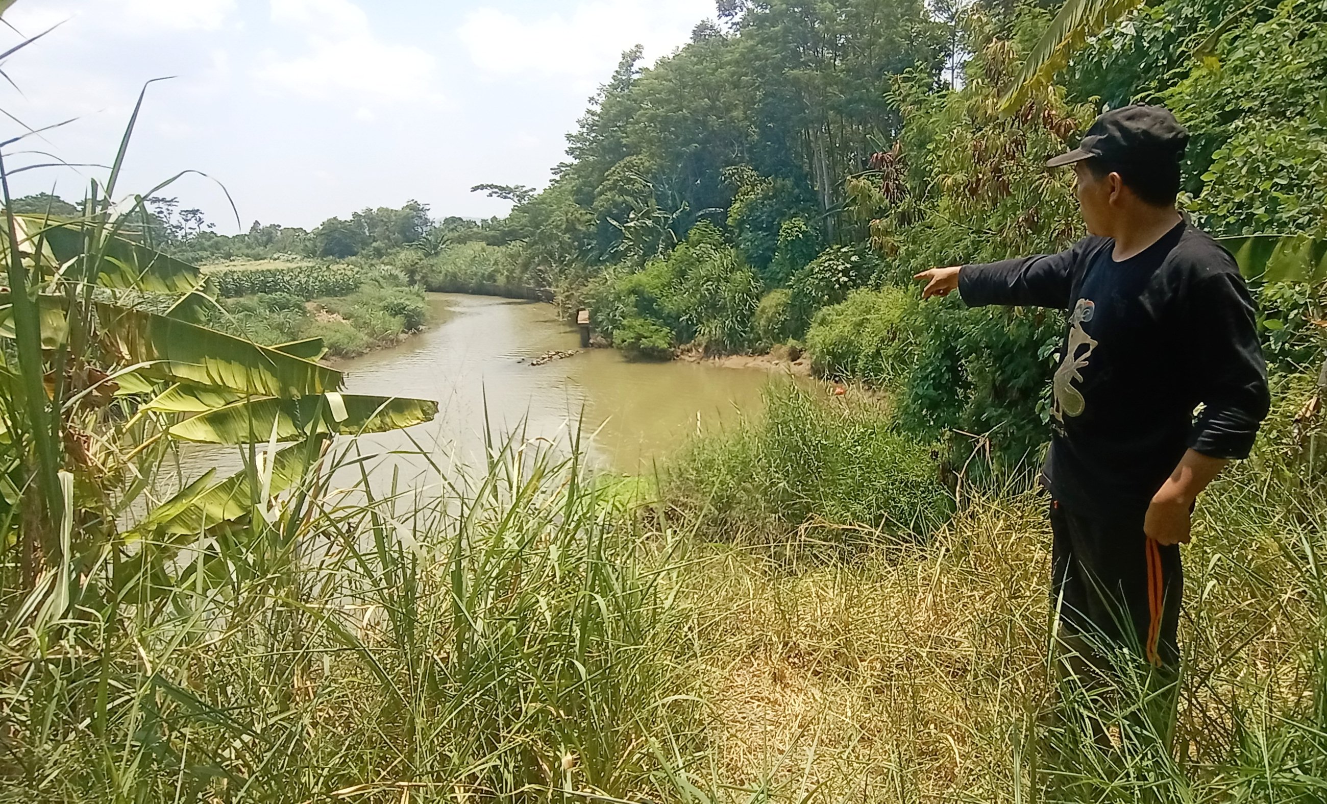 TEBING LONGSOR - Kadus Gebanganom Mahroji menunjukkan lokasi yang dipasang tiang pancang tidak longsor, sedangkan yang hanya dipasang bronjong membentuk cekungan akibat longsor tergerus aliran air.