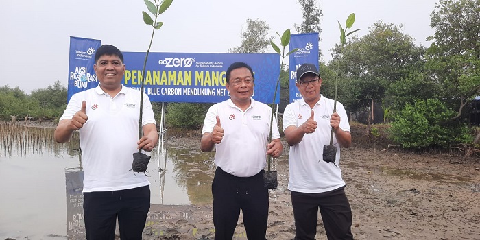 PULIHKAN EKOSISTEM :  Dirut PT Telkom Indonesia Ririek Adriansyah memimpin penanaman 10 ribu pohon mangrove di Pantai Glagah Wangi, Desa Tambak Bulusan, Kecamatan Karangtengah, Kabupaten Demak.