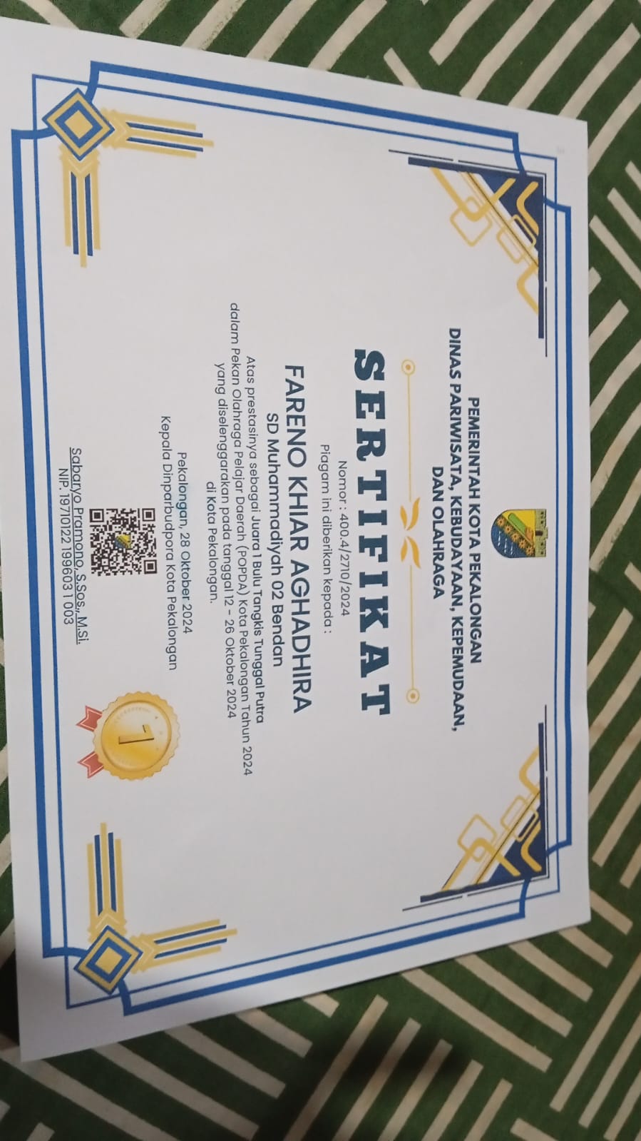 BUKTI SERTIFKAT - Bukti Sertifkat Juara 1 Reno pada POPDA Kota Pekaolongan.