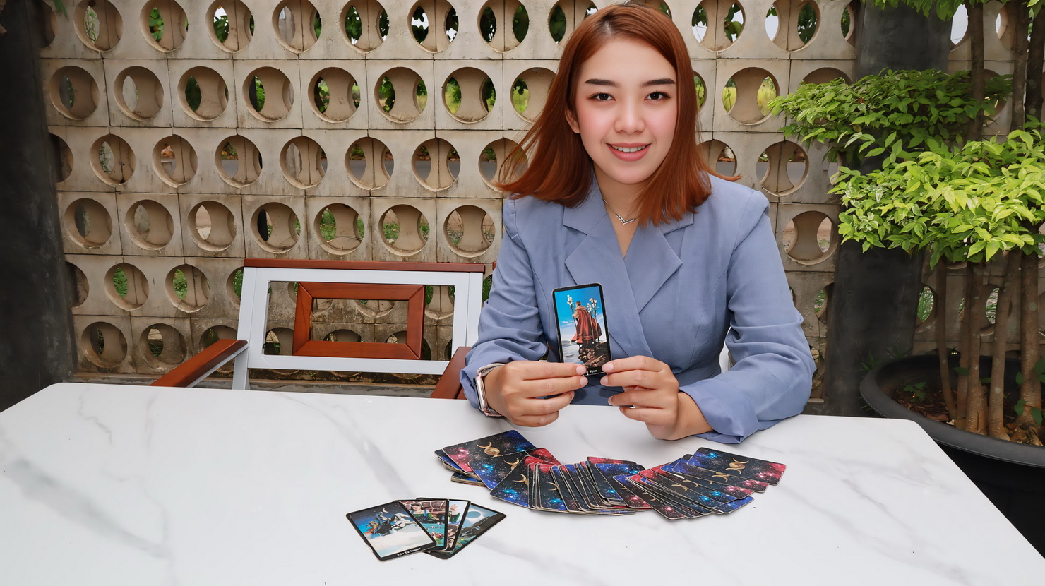 KONSULTASI &ndash; Pembaca Kartu Tarot Adienda Syahna Gumlintang saat akan berikan konsultasi Tarot secara langsung kepada salah satu kliennya.
