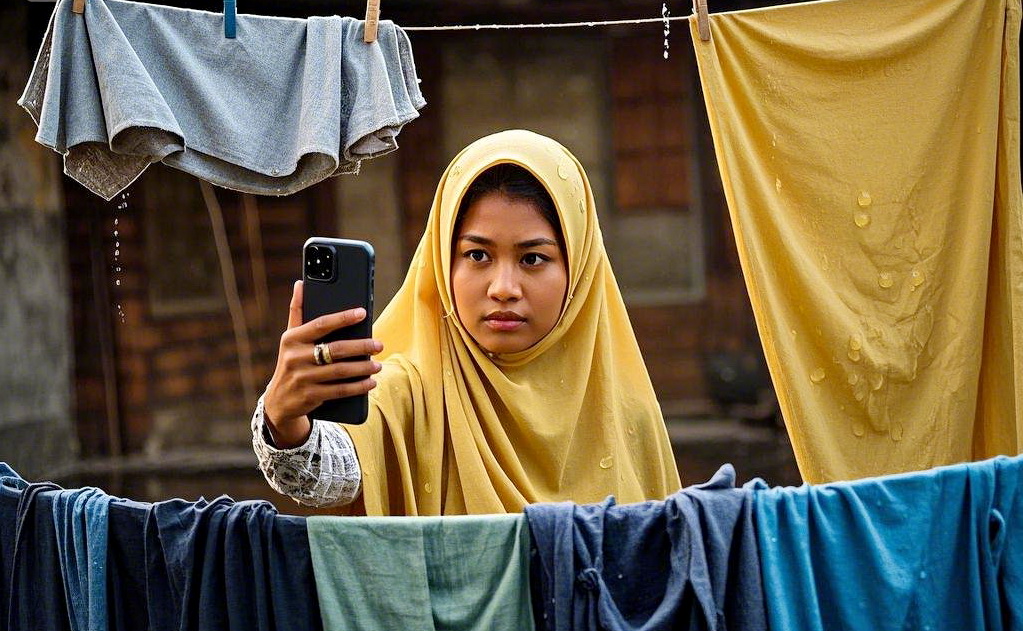 BUAT KONTEN - Sambil nyuci baju pun, bagi emak-emak kreatif bisa bikin konten FB pro yang bikin cuan.