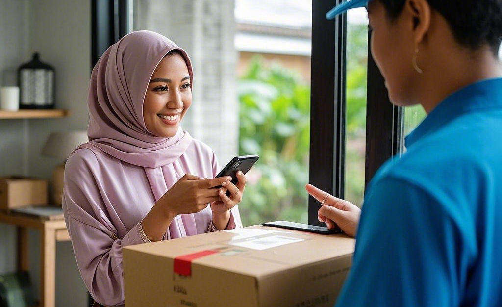 Ilustrasi Ibu-ibu pesan paket online