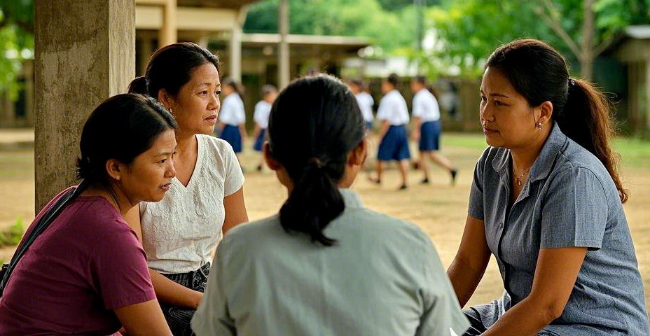 NUNGGU ANAK PULANG - Ilustrasi ibu-ibu yang lagi nunggu anak pulang sekolah, ngobrol.