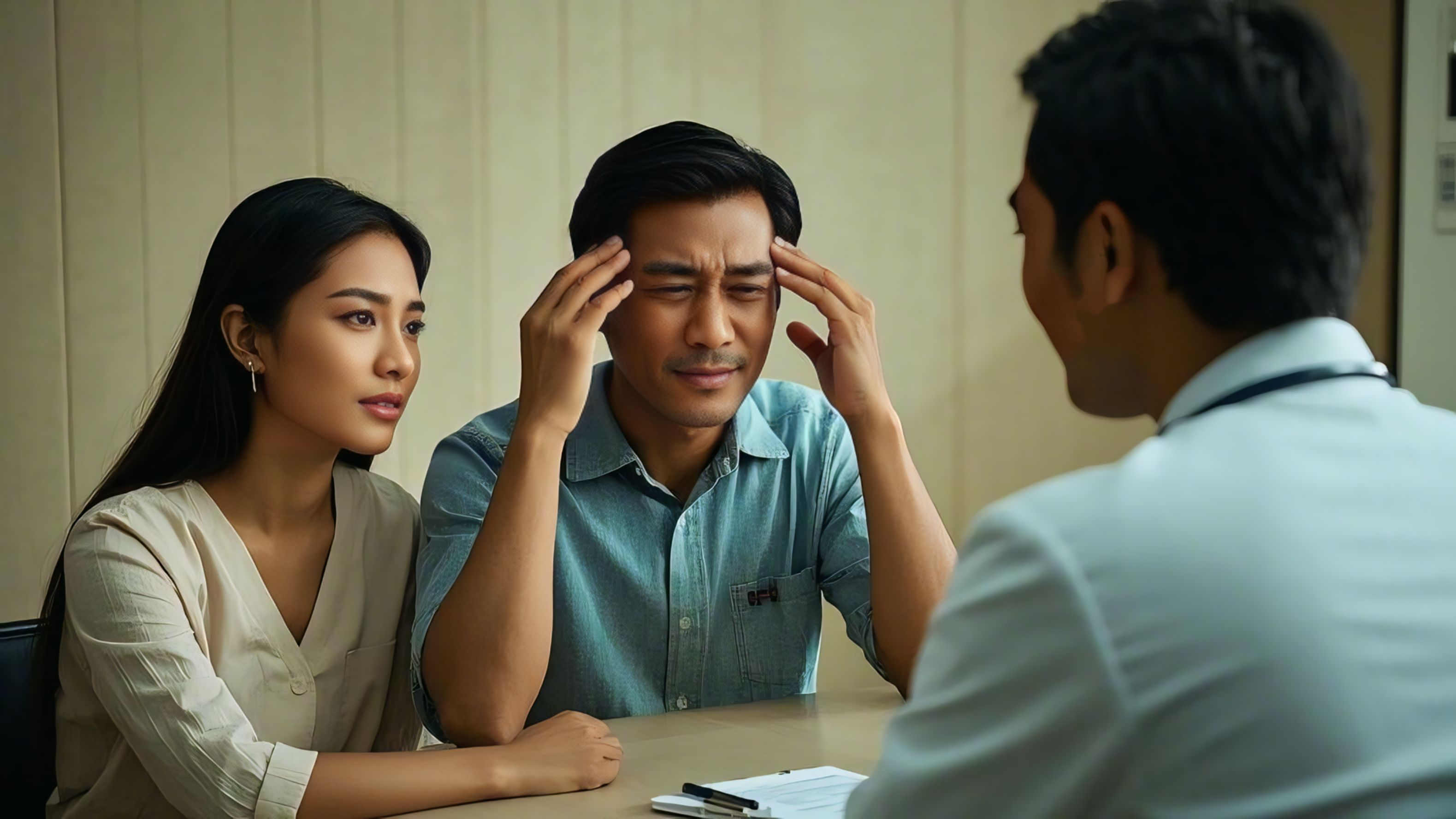 KONSUL - Sepasang suami istri sedang konsultasi kesehatan di dokter, karena sakit kepala.