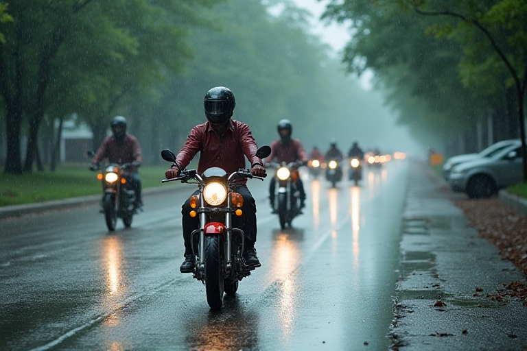 Ilustrasi pengendara sepeda motor di tengah guyuran hujan.