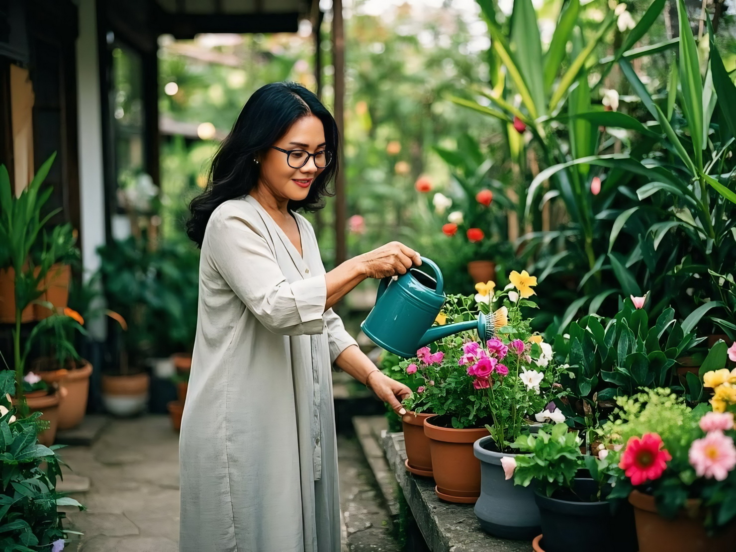 BERKEBUN - Asyiknya berkebun di halaman rumah, selain segar juga bisa jadi konten menarik.