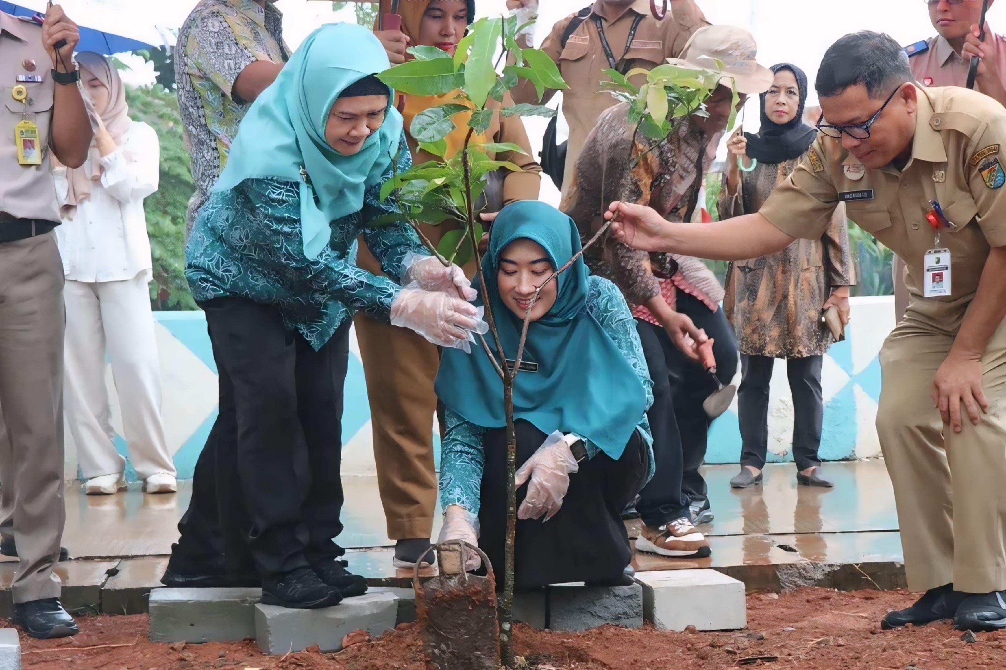 TANAM - Tim TP PKK Kota Pekalongan ikut langsung dalam penanaman secara simbolis pohon peneduh di Kampung Bugisan, Pekalongan Utara, pada Selasa (19/8/2025).