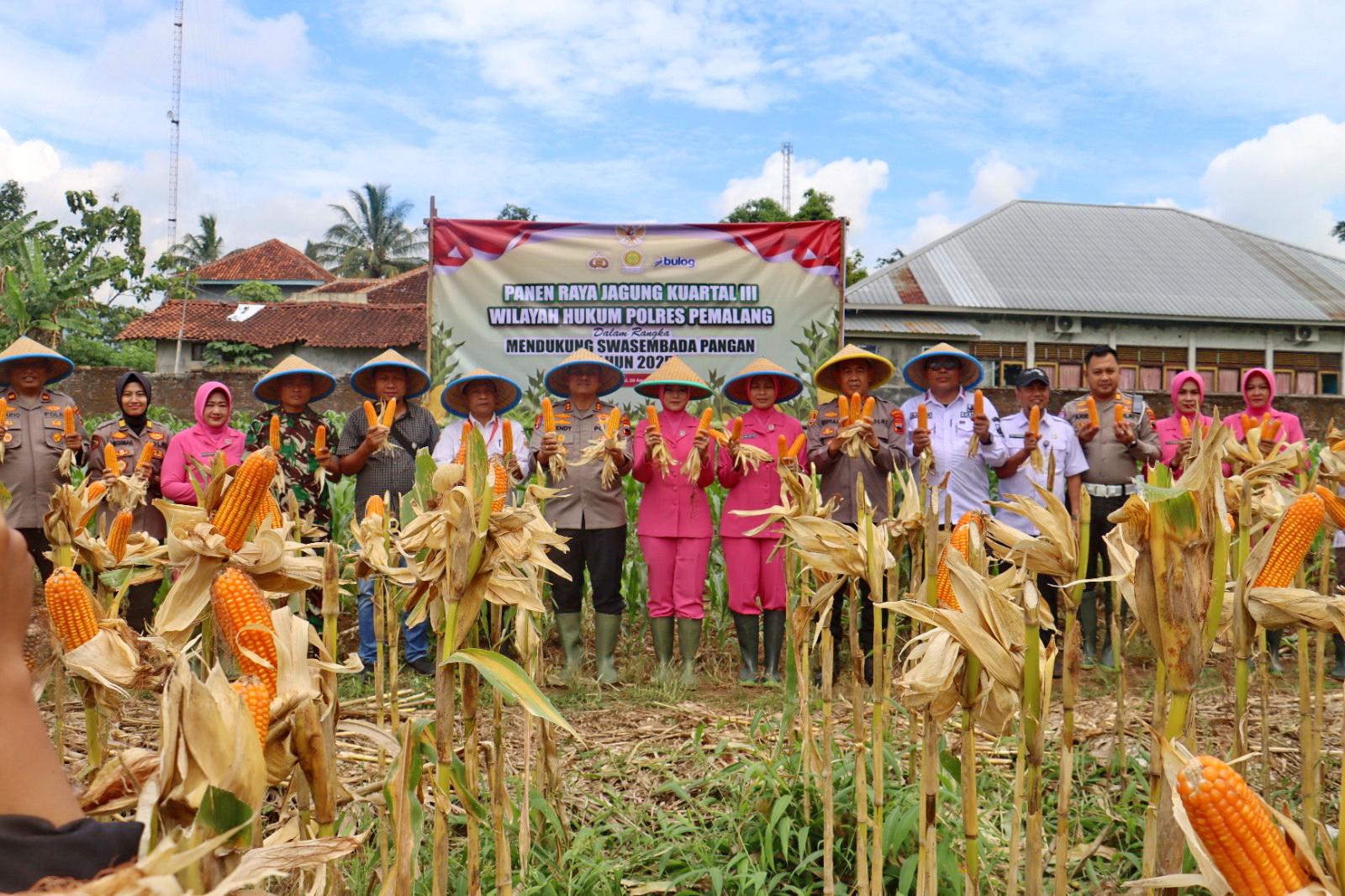 TUNJUKKAN - Pimpinan Polres Pemalang bersama Bayangkari menunjukkan jagung yang dipanen di BPP Randudongkal pada Rabu (20/8/2025).