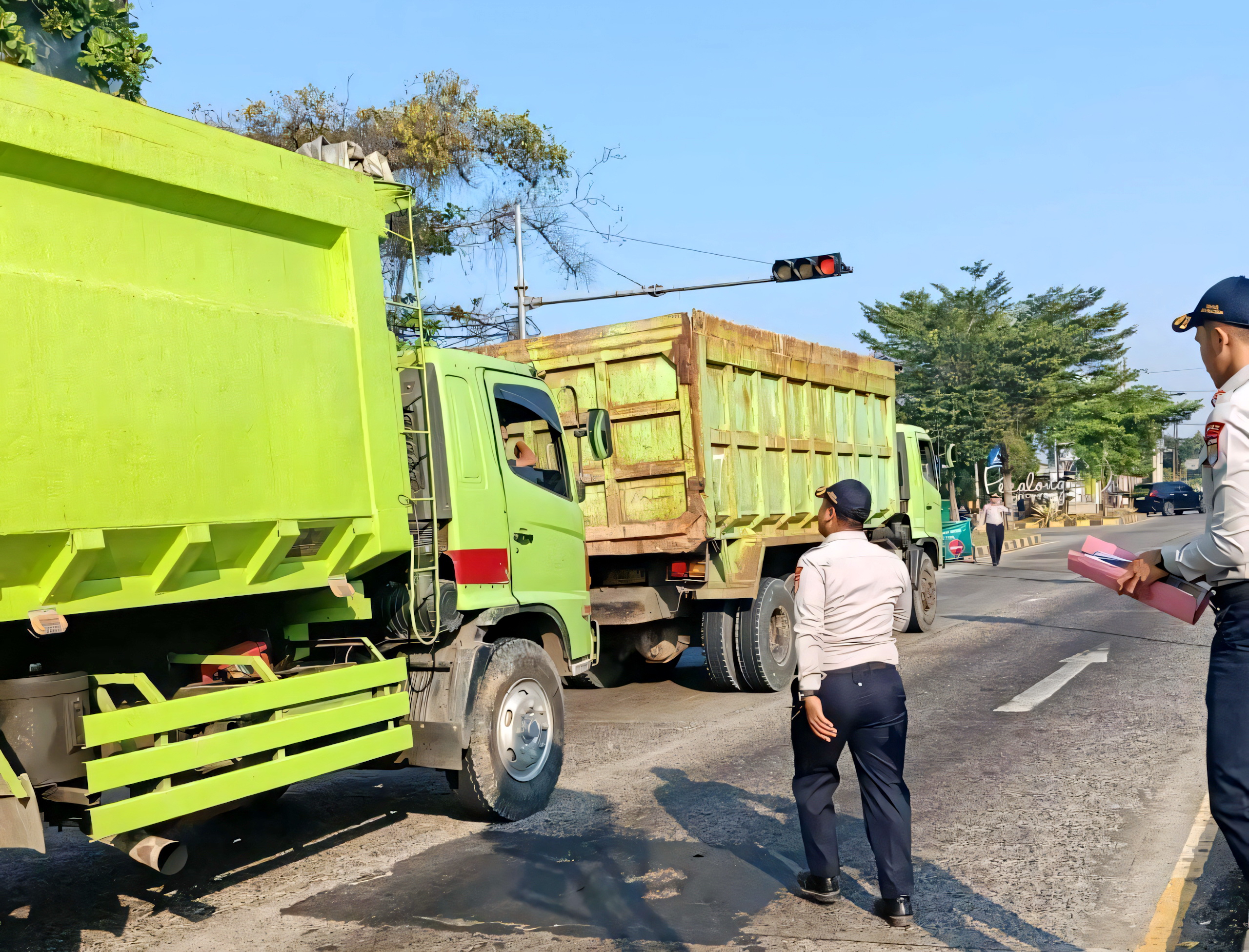 HIMBAUAN - Tim dari Dishub Kota Pekalongan saat meng himbau pengendara truk besar&nbsp;untuk tidak melewati&nbsp;jalan Kota Pekalongan.&nbsp;
