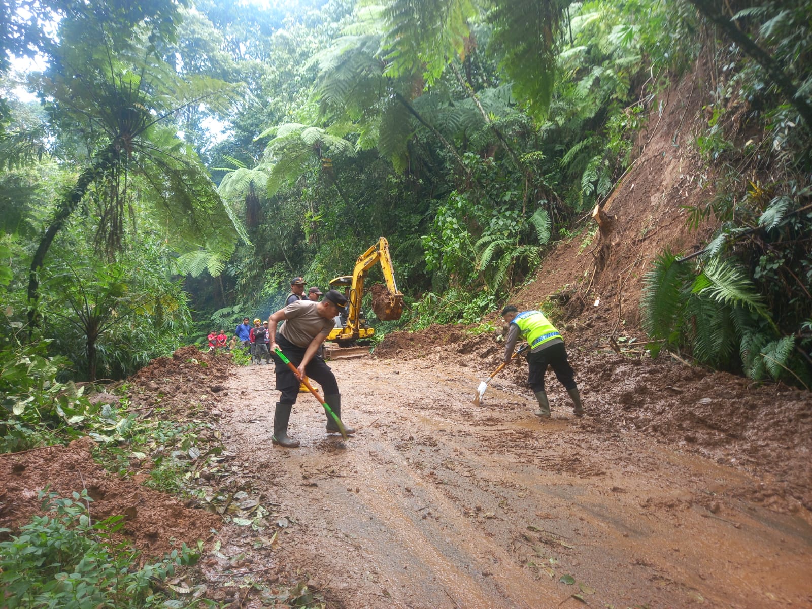 PEMBERSIHAN: Petugas gabungan saat membersihkan material longsor di jalur arah Petungkriyono, Desa Mesoyi, Kecamatan Talun.