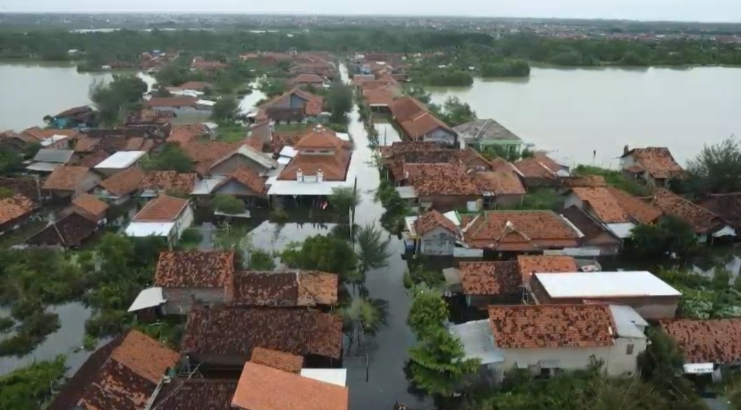 BANJIR: Tangkapan layar citra udara kondisi banjir di Desa Mulyorejo, Kecamatan Tirto, Kabupaten Pekalongan.