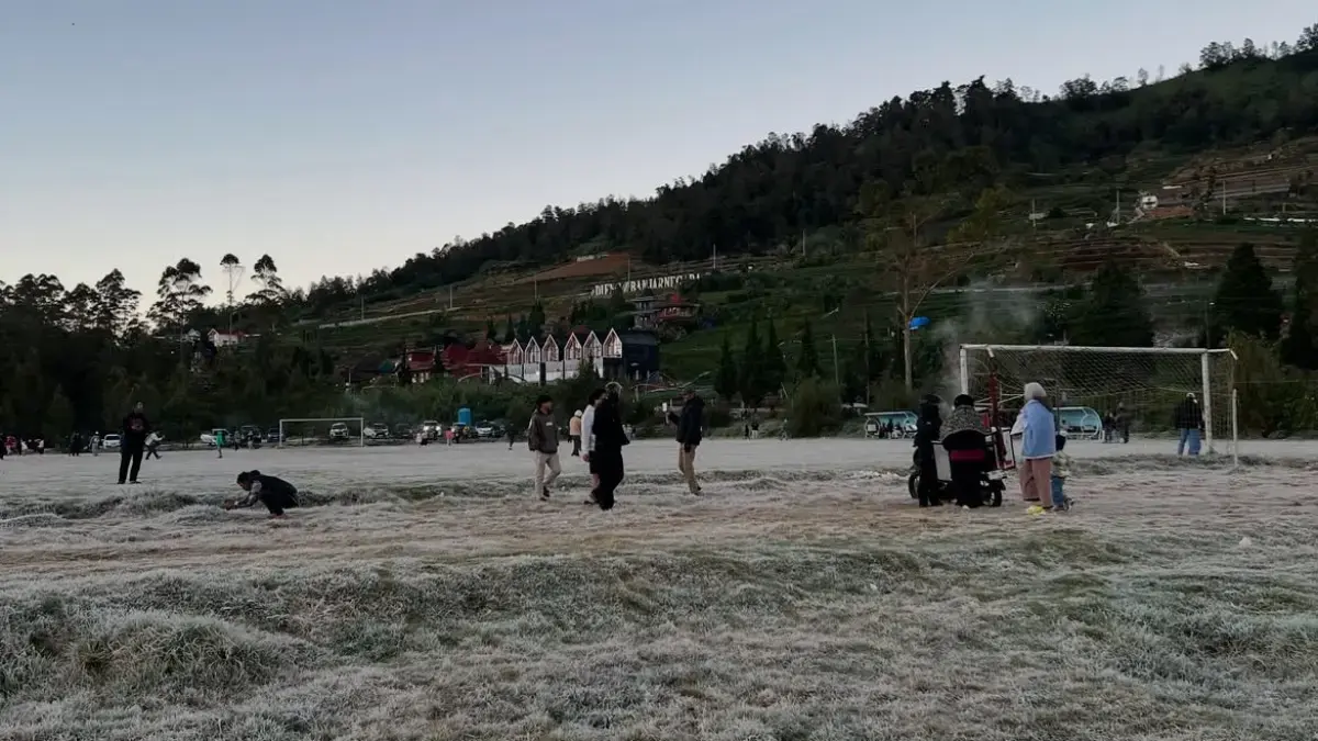 SUHU DINGIN : Embun upas di kawasan wisata Dataran Tinggi Dieng lebih tebal dari embun upas sebelumnya pada Kamis (9/7/2026). Tampak wisatawan mengabadikan fenomena tersebut. (Istimewa)