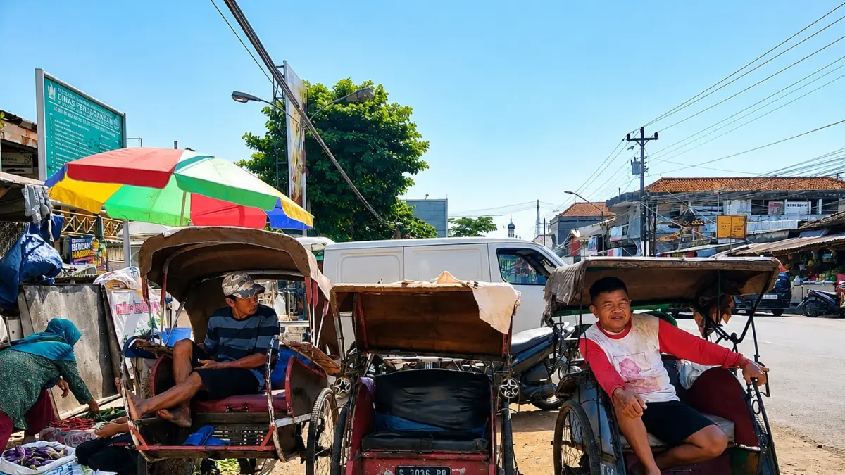 NIKMATI KEBEBASAN : Pak Mardi di atas becaknya mangkal di depan pasar menunggu penumpang dengan sabar. (MAULIDA USNA AULIA/JAWA POS METRO PEKALONGAN)