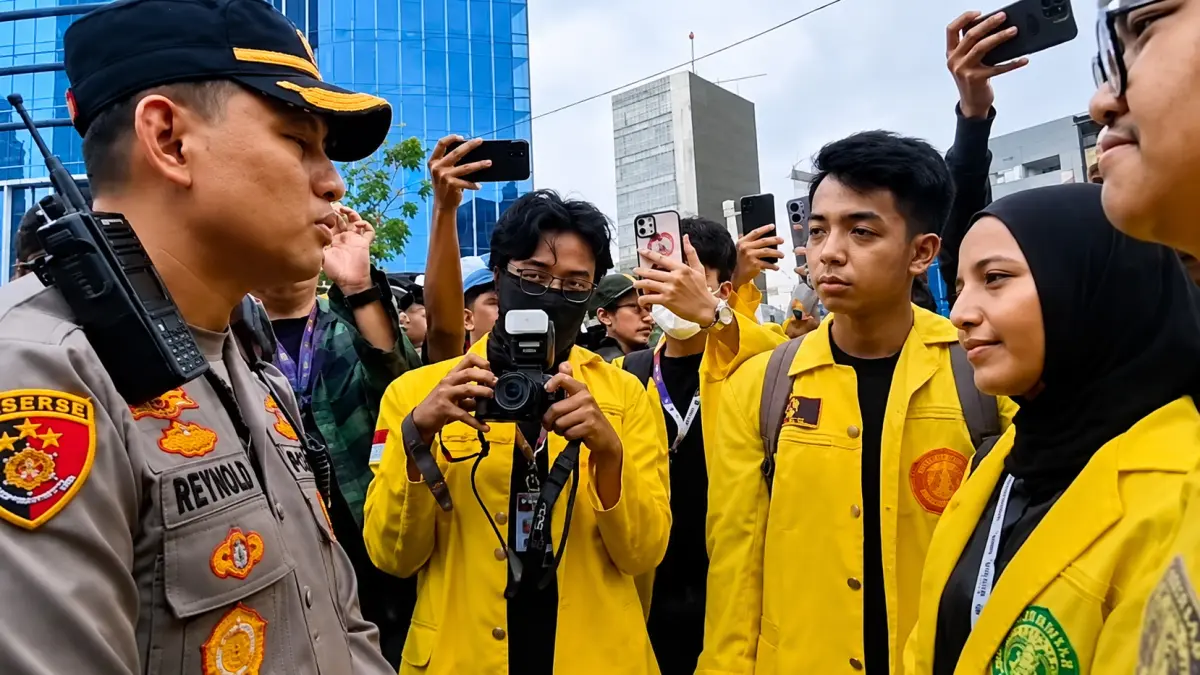 DEBAT :&nbsp;Wakil Ketua BEM UI Fathimah Azzahra dan beberapa mahasiswa debat terkait aksi demo dengan Kapolres Metro Kombes Pol Reynold Elisa, di Bunderan HI, (18/8/2026).(IST)