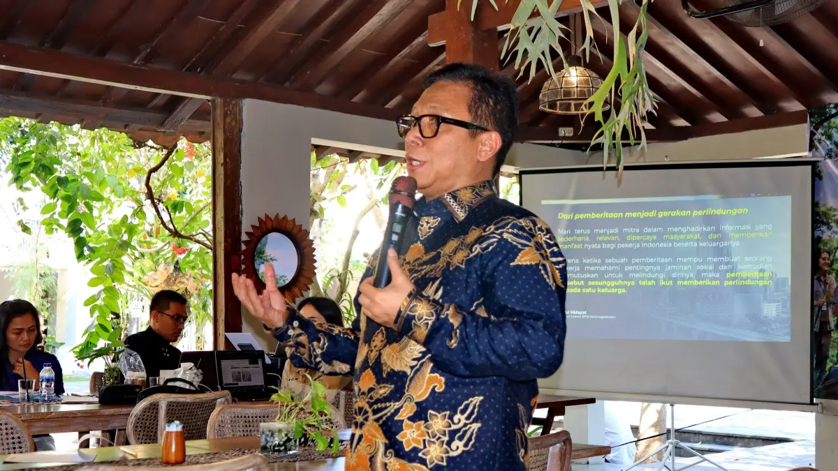 KETERANGAN : Direktur Utama BPJS Ketenagakerjaan Saiful saat Media Gathering bersama insan media wilayah Jawa Tengah di Candi Tirto Raharjo Resto, Yogyakarta, Jumat (28/8/2026).