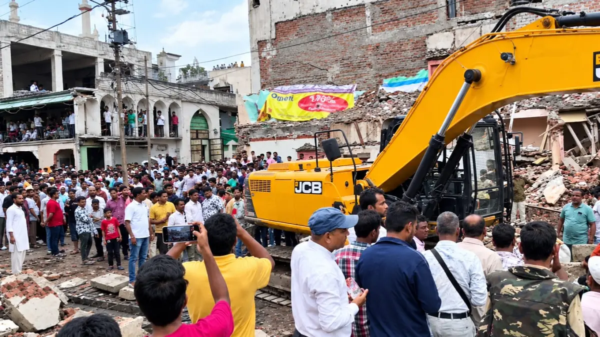 BONGKAR : Ratusan umat muslim India saat meratapi masjid mereka Madina Masjid di Ujjain, Madhya Pradesh yang mulai dihancurkan oleh alat berat demi pelebaran jalan, pada Selasa (1/9/2026). (IST)