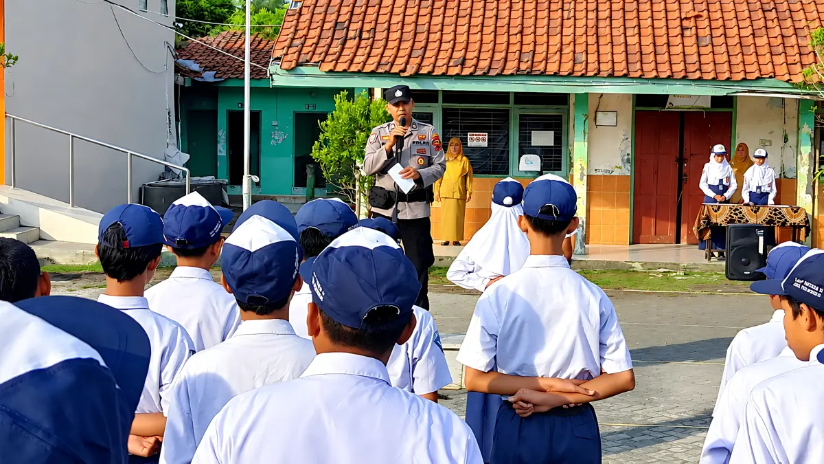 SOSIALISASI : Anggota Polres Pekalongan Kota saat berikan sosialisasi tertib lalu lintas hingga kedisiplinan dalam belajar, di SMP Negeri 12 Kota Pekalongan, Senin (14/9/2026).(IST)