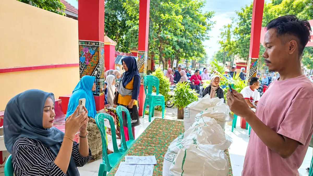 CEK DATA : Petugas Pembagian beras di Kelurahan Pasirkratonkramat, Kota Pekalongan saat memotret data penerima beras sebelum dibagikan di aula kantor setempat.(IST)