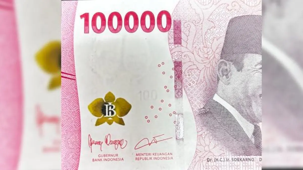 Uang kertas Seratus Ribu Rupiah dengan tanda tangan Menteri Keuangan Purbaya Yudhi Sadewa. (Tangkapan Layar Threads)