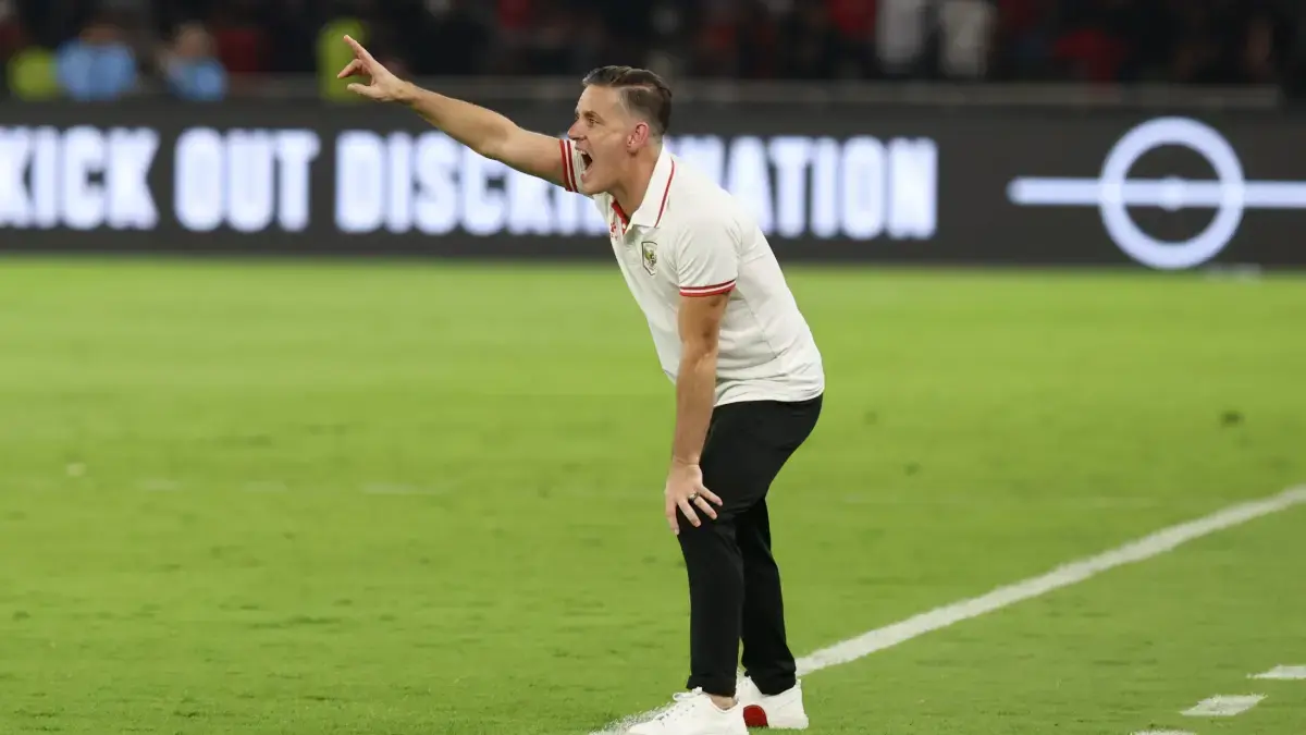 Pelatih Timnas Indonesia John Herdman pada pertandingan melawan Saint Kitts & Nevis dalam di FIFA Series 2026, Stadion Utama Gelora Bung Karno, Jumat (27/3/2026). (Dery Ridwansah/ JawaPos.com)